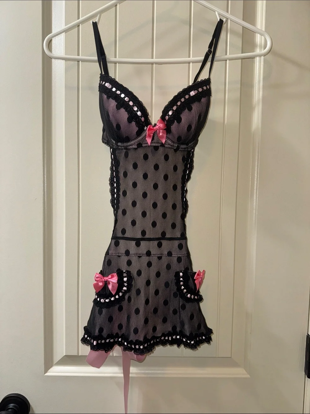 Victoria’s Secret Black Polka Dot Mesh Chemise with Pink Satin Bows 34B